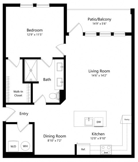 Floor plan for 1 bed, 1 bath, 953 sqft